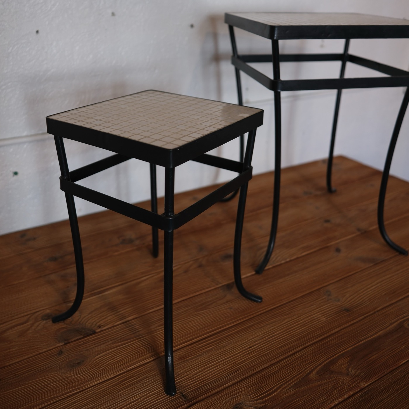 Wrought iron tile-top side tables, pair