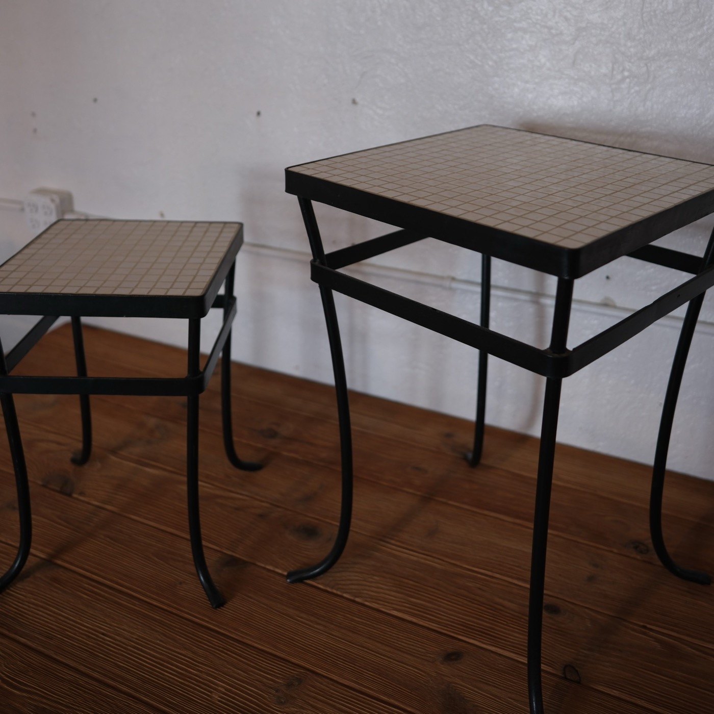 Wrought iron tile-top side tables, pair