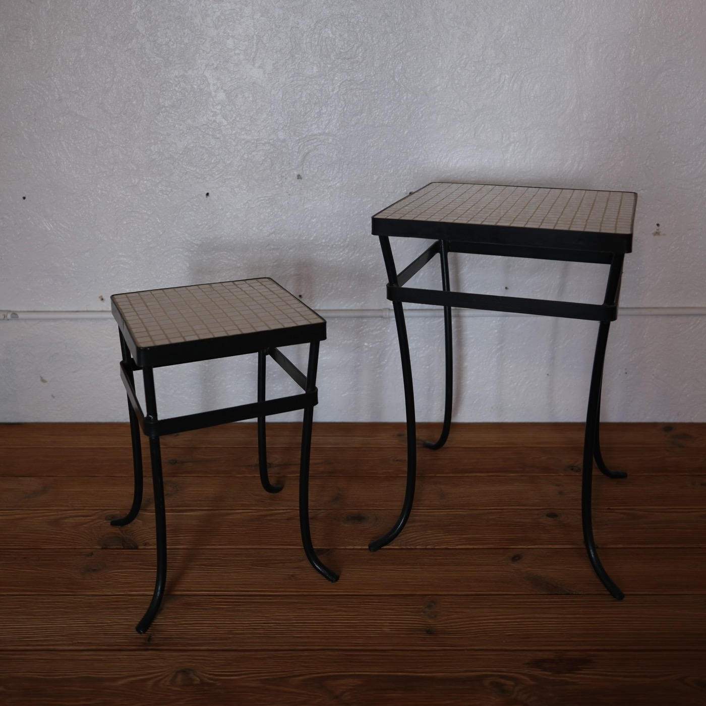 Wrought iron tile-top side tables, pair